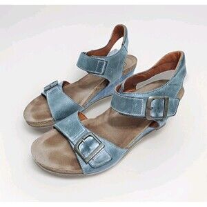 Taos Womens 8-8.5 Buckle Up Wedge Sandals Turquoise Blue Ankle Strap Heels
